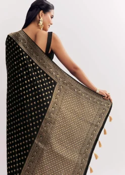 Black Dola Silk Saree With Woven Butti Work Border