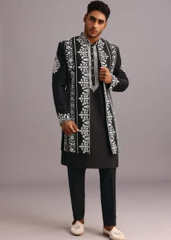 Black Dola Silk Thread Embroidered Sherwani Set