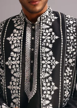 Black Dola Silk Thread Embroidered Sherwani Set