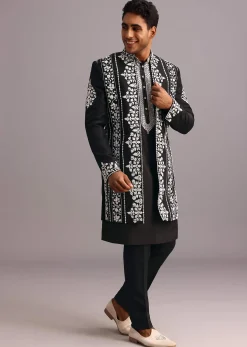 Black Dola Silk Thread Embroidered Sherwani Set