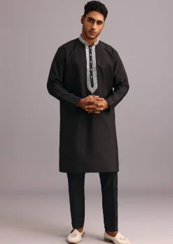 Black Dola Silk Thread Embroidered Sherwani Set