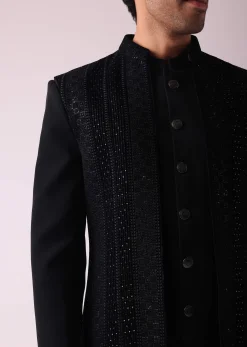 Black Embellished Indowestern In Suiting Fabric