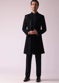 Black Embellished Indowestern In Suiting Fabric