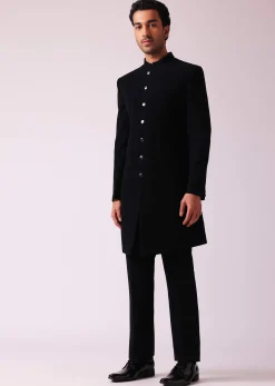 Black Embellished Indowestern In Suiting Fabric