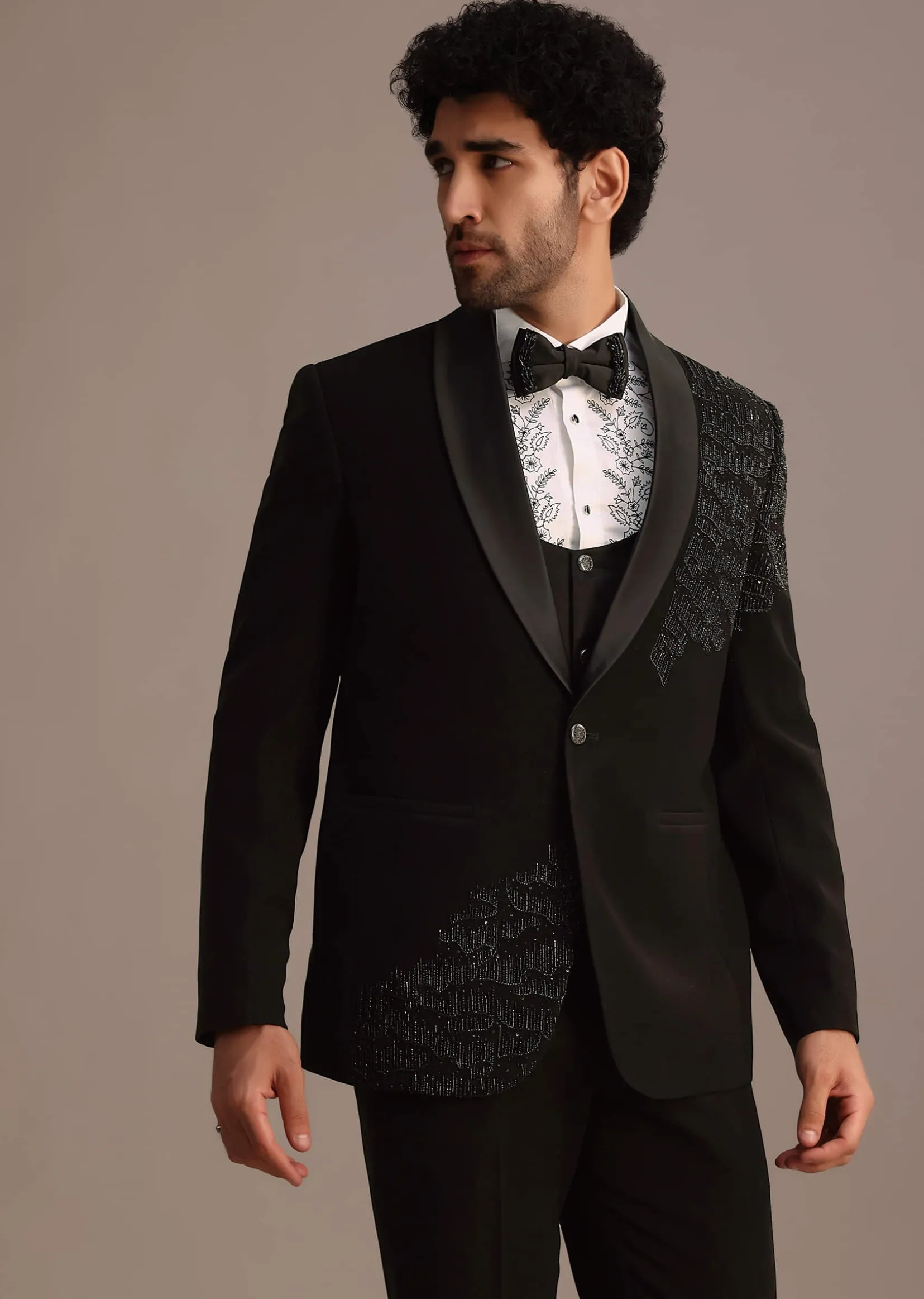 Black Embellished Tuxedo Suit