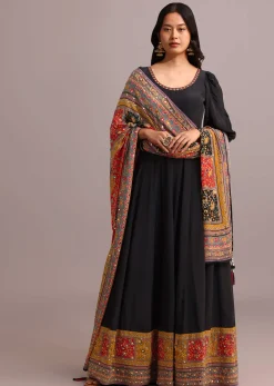 Black Embroidered Anarkali With Printed Dupatta