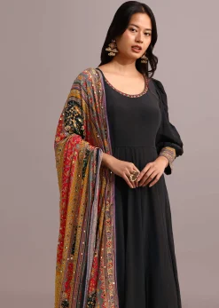 Black Embroidered Anarkali With Printed Dupatta