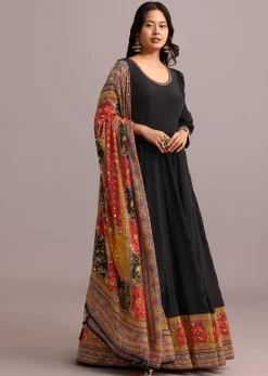 Black Embroidered Anarkali With Printed Dupatta