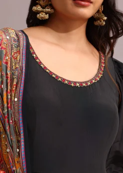 Black Embroidered Anarkali With Printed Dupatta