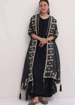 Black Embroidered Chanderi Anarkali Set