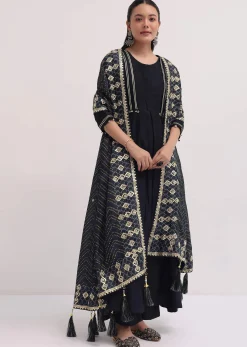 Black Embroidered Chanderi Anarkali Set