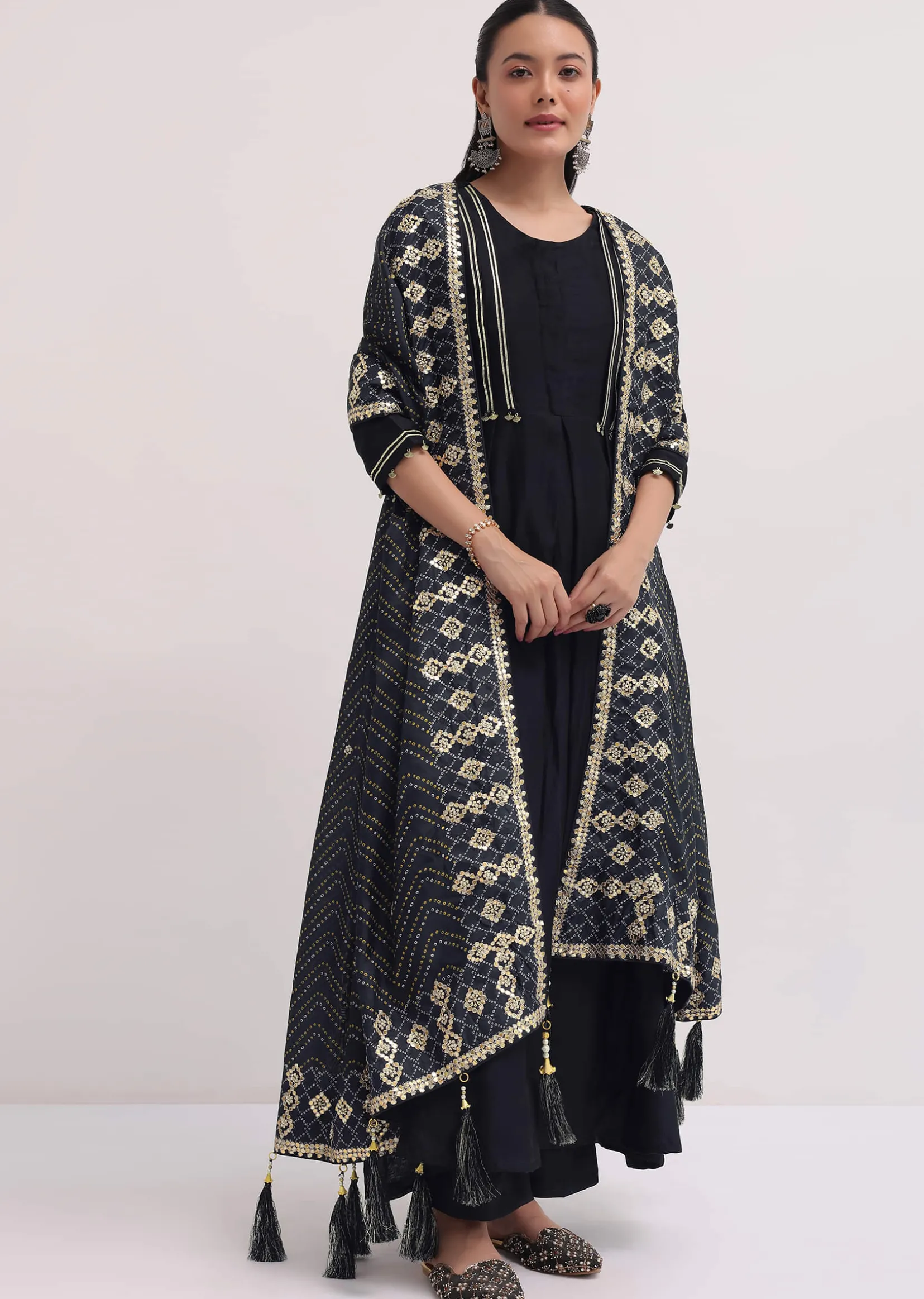 Black Embroidered Chanderi Anarkali Set