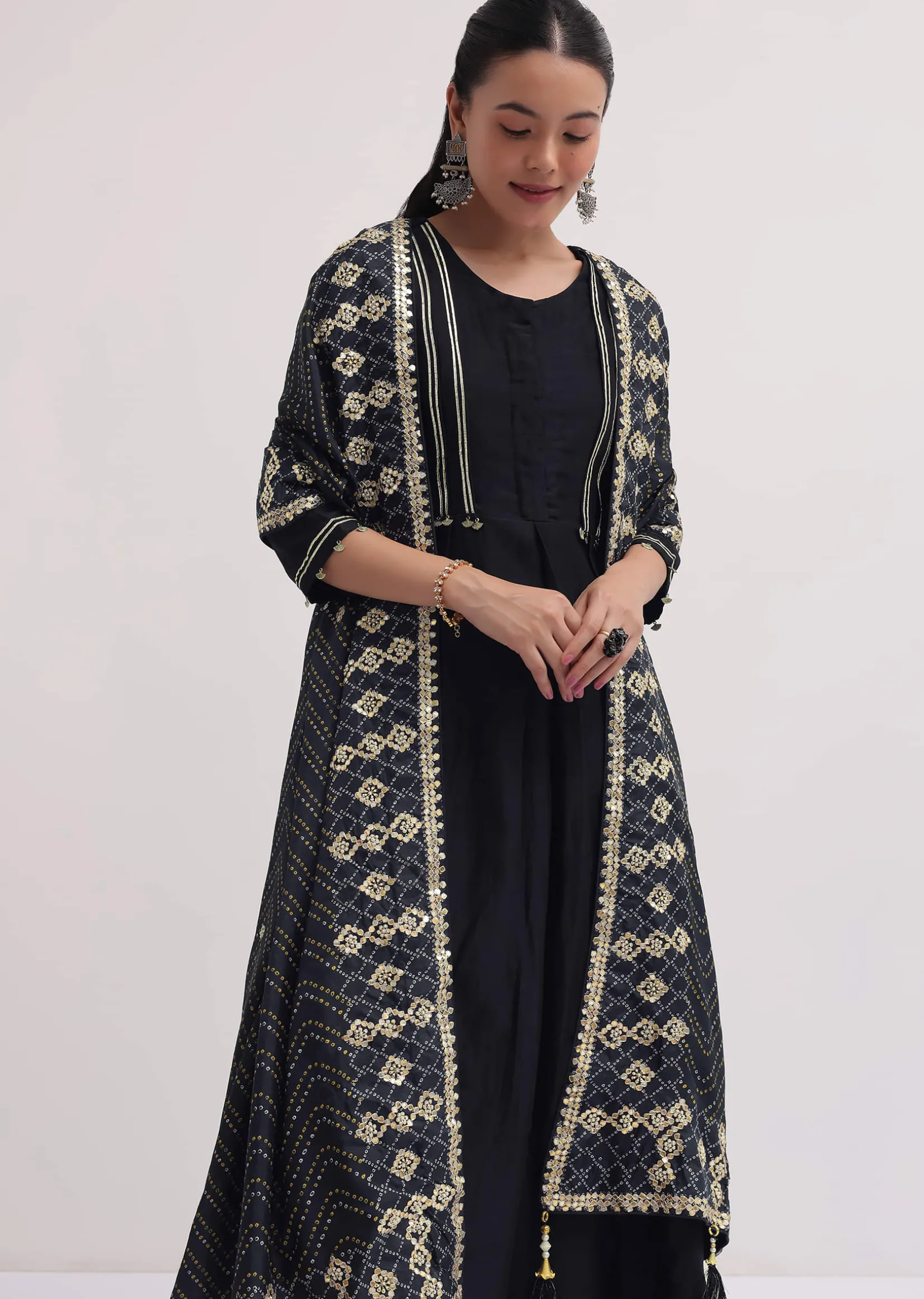 Black Embroidered Chanderi Anarkali Set