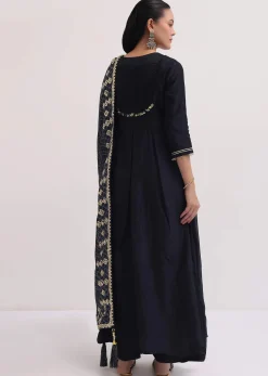 Black Embroidered Chanderi Anarkali Set