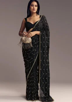 Black Embroidered Chinon Saree With Cut Dana Work