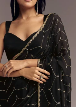 Black Embroidered Chinon Saree With Cut Dana Work