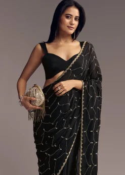 Black Embroidered Chinon Saree With Cut Dana Work