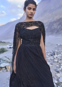 Black Embroidered Crepe Rushed Gown With Cape