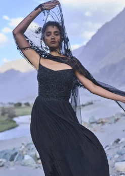 Black Embroidered Crepe Rushed Gown With Cape