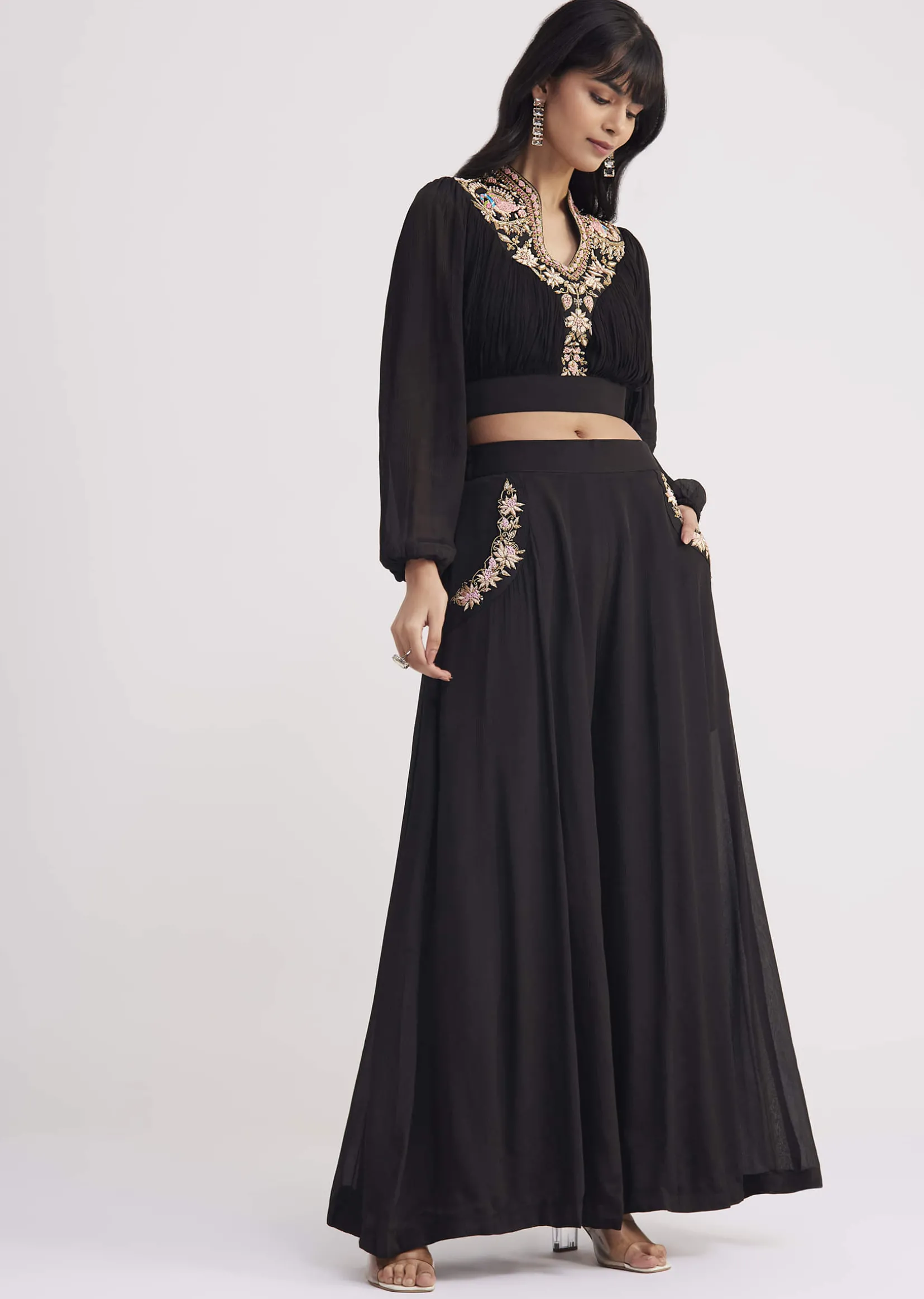 Black Embroidered Croptop And Palazzo