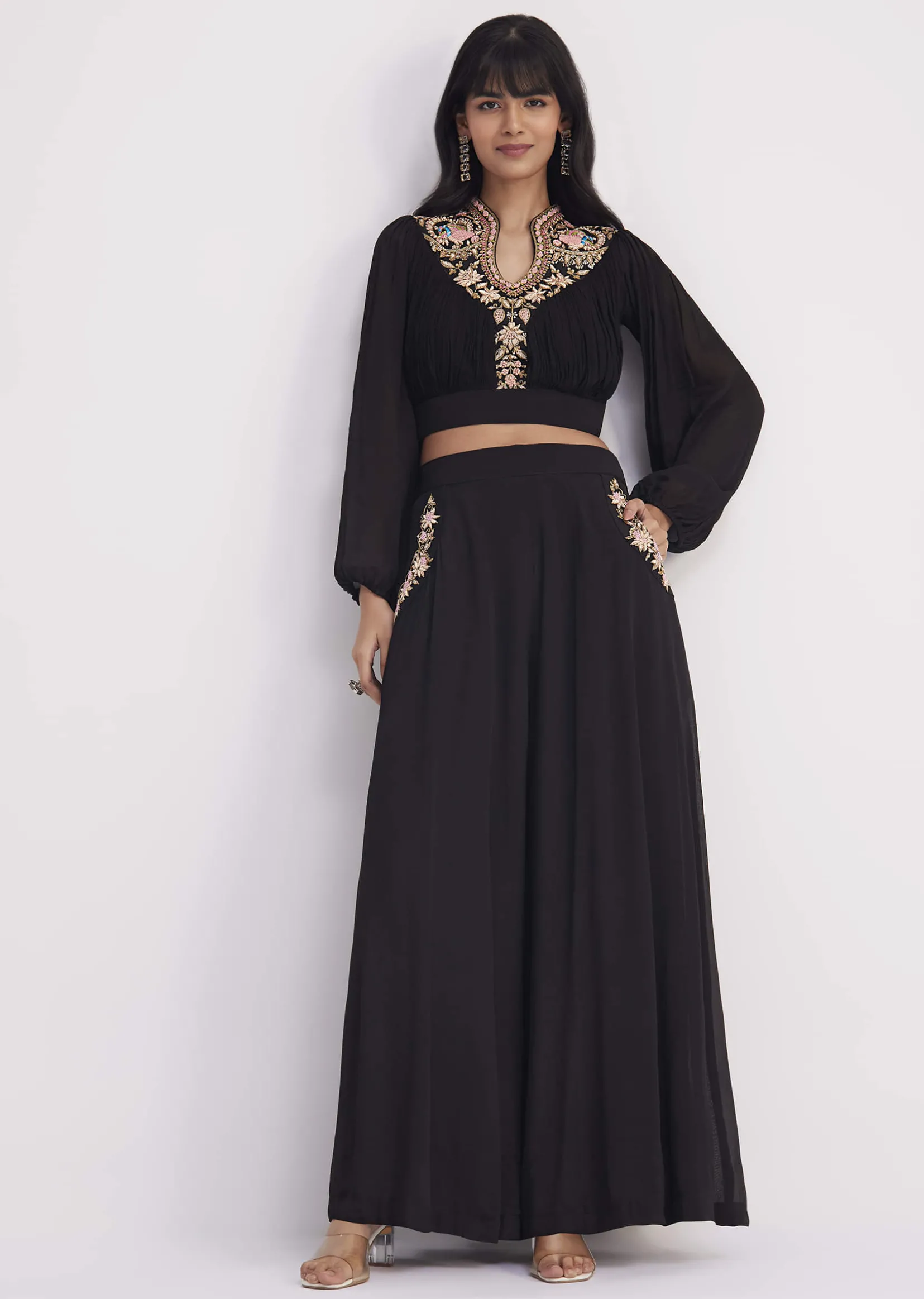 Black Embroidered Croptop And Palazzo