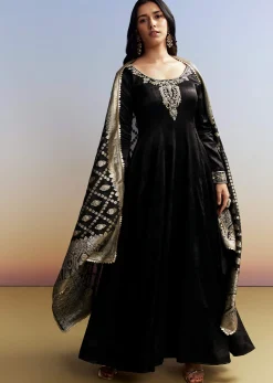 Black Embroidered Crush Satin Anarkali Set