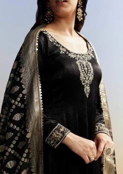 Black Embroidered Crush Satin Anarkali Set