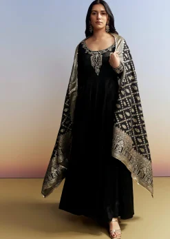Black Embroidered Crush Satin Anarkali Set