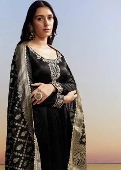 Black Embroidered Crush Satin Anarkali Set