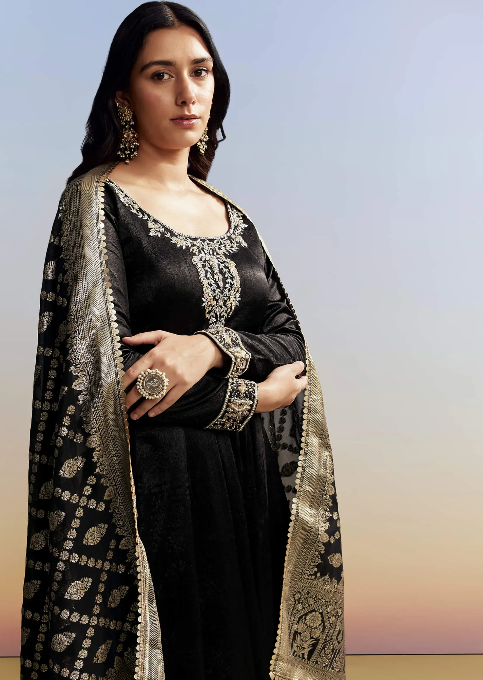 Black Embroidered Crush Satin Anarkali Set
