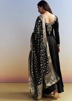 Black Embroidered Crush Satin Anarkali Set