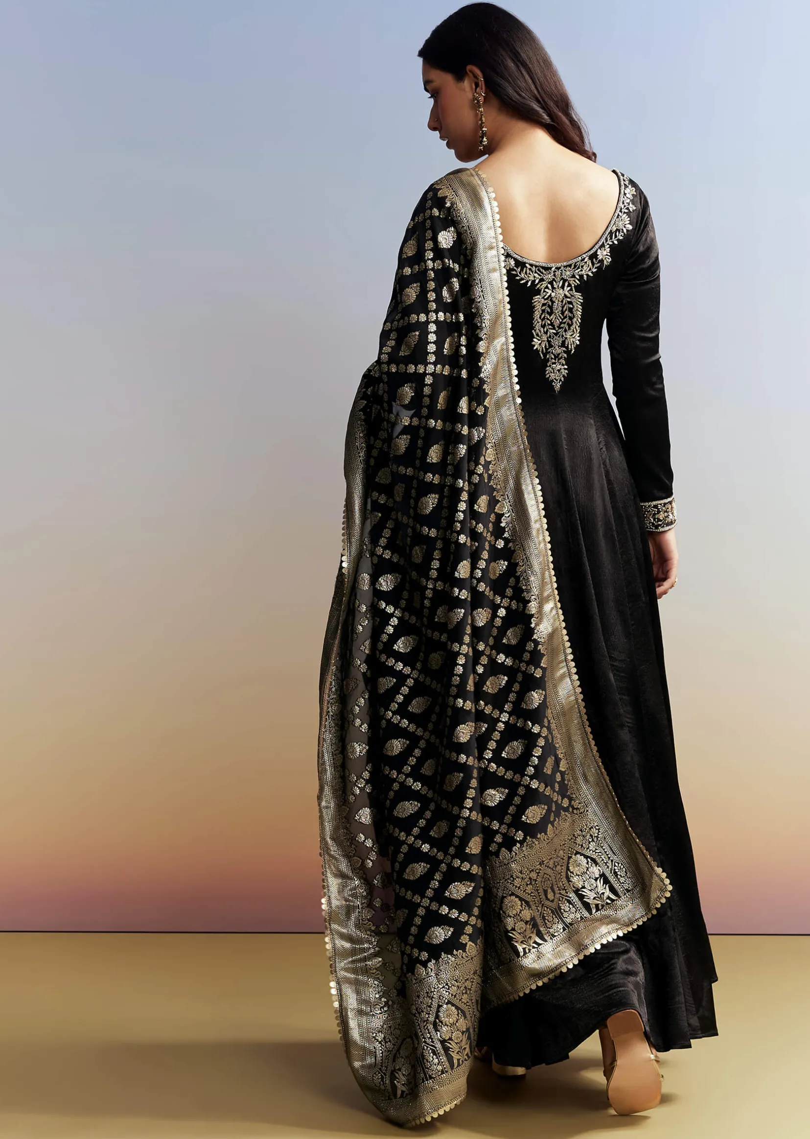 Black Embroidered Crush Satin Anarkali Set
