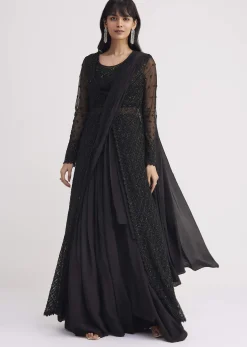 Black Embroidered Draped Skirt Saree With Blouse And Matching Jacket