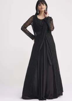 Black Embroidered Draped Skirt Saree With Blouse And Matching Jacket