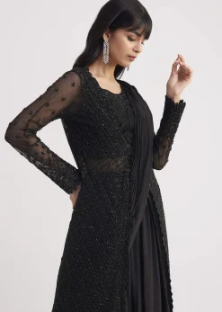 Black Embroidered Draped Skirt Saree With Blouse And Matching Jacket
