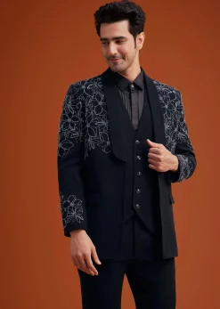 Black Embroidered Floral Tuxedo Set