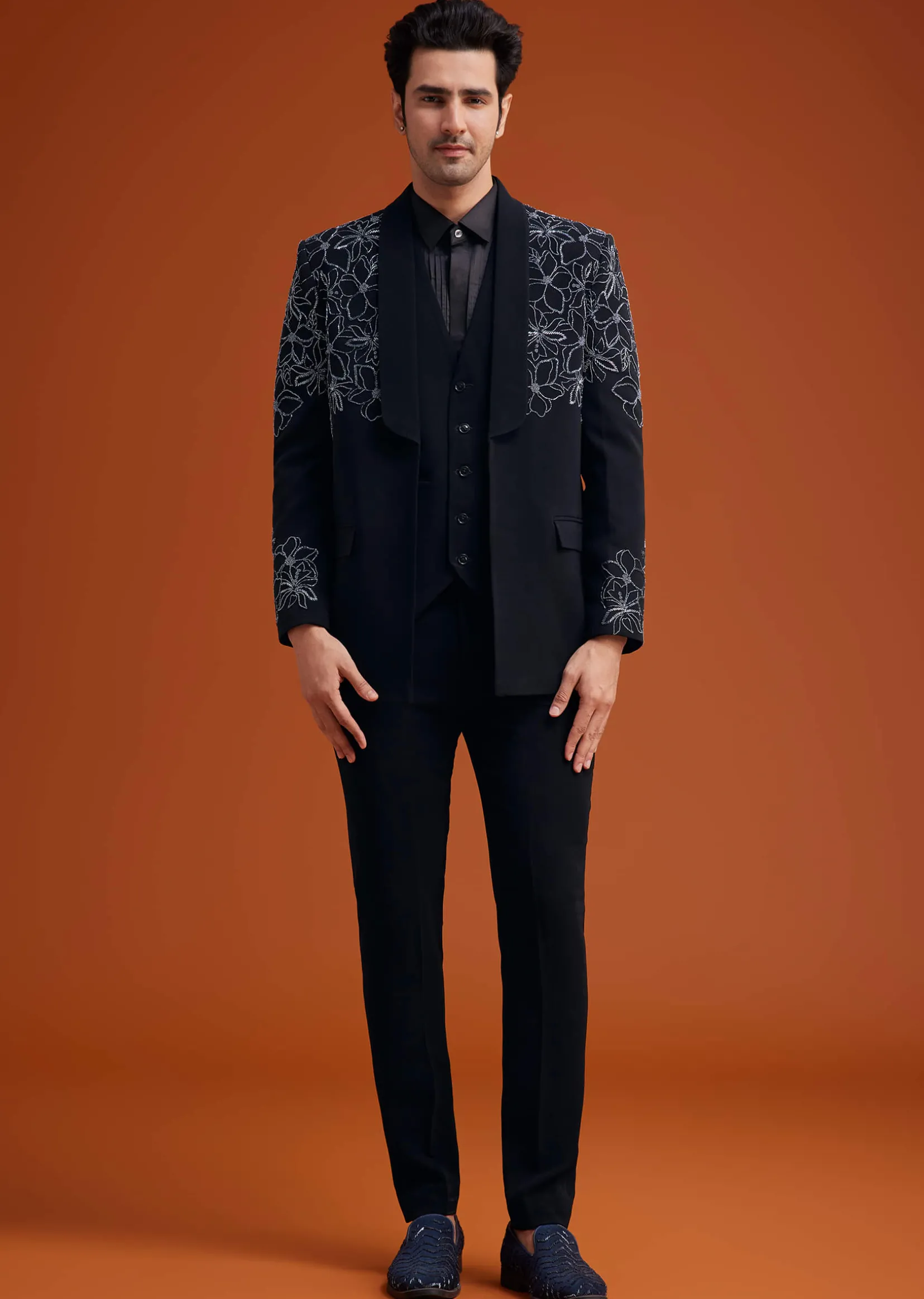 Black Embroidered Floral Tuxedo Set