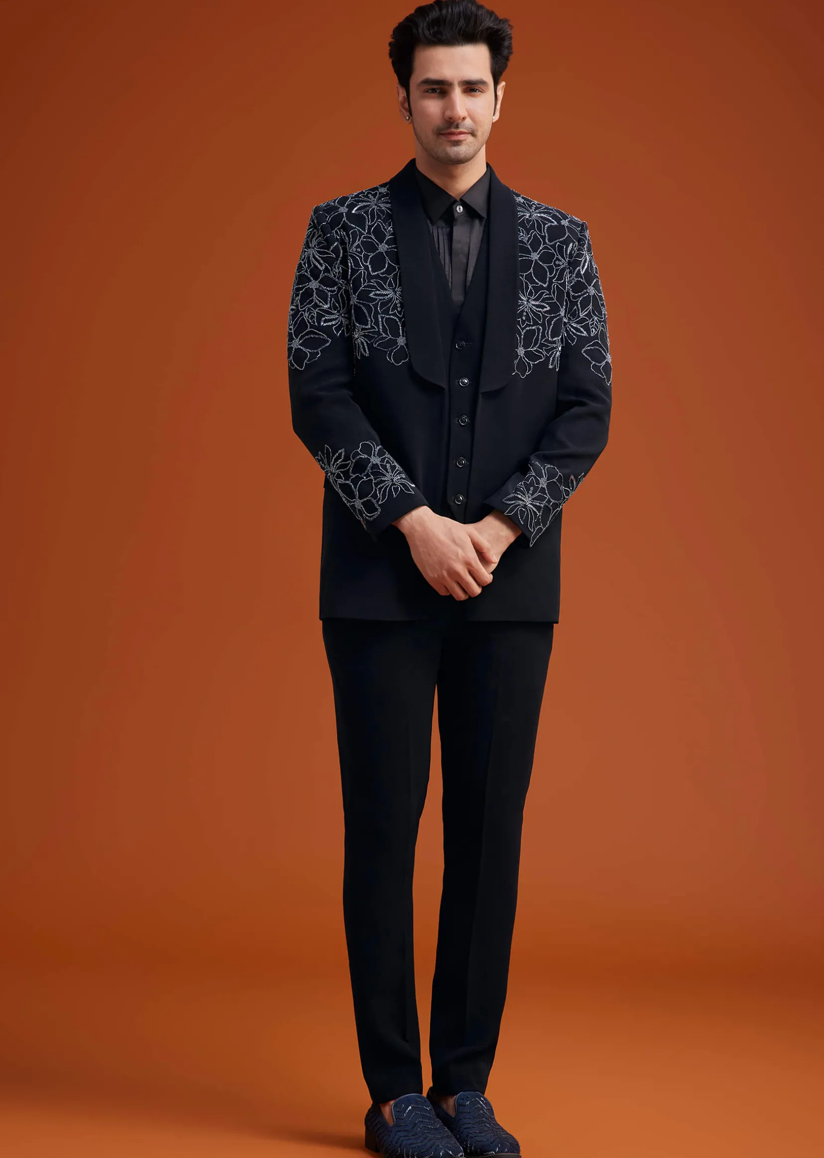 Black Embroidered Floral Tuxedo Set