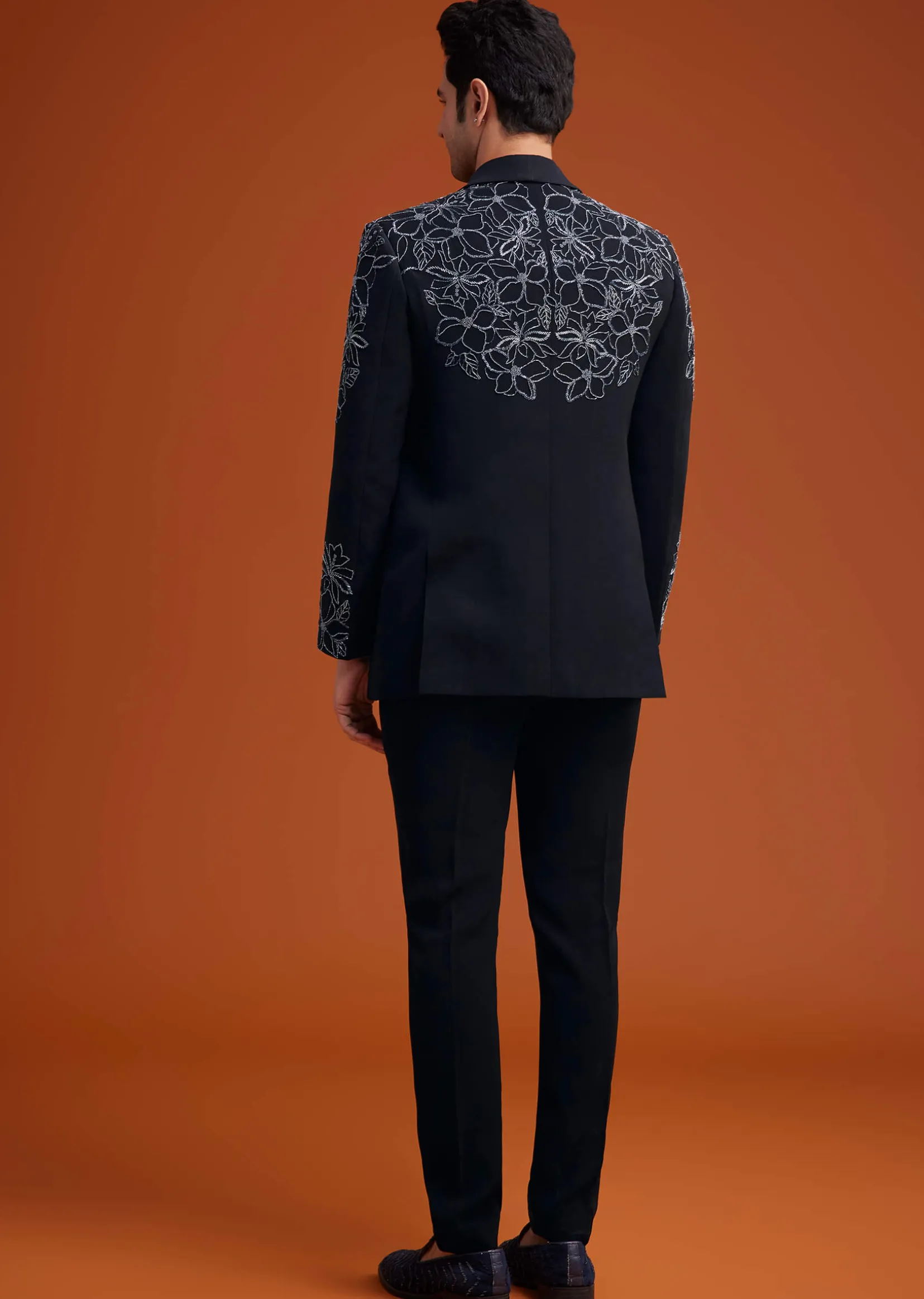 Black Embroidered Floral Tuxedo Set