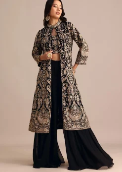 Black Embroidered Georgette Palazzo Suit With Long Embroidered Jacket