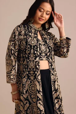 Black Embroidered Georgette Palazzo Suit With Long Embroidered Jacket