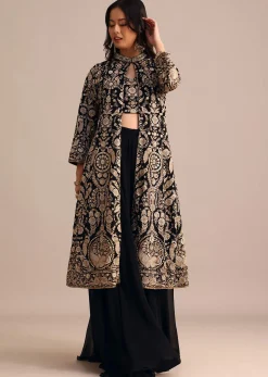 Black Embroidered Georgette Palazzo Suit With Long Embroidered Jacket