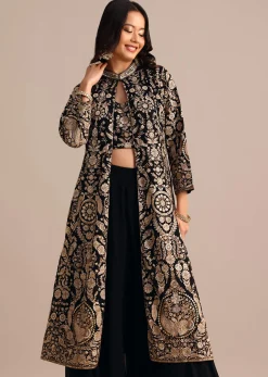 Black Embroidered Georgette Palazzo Suit With Long Embroidered Jacket
