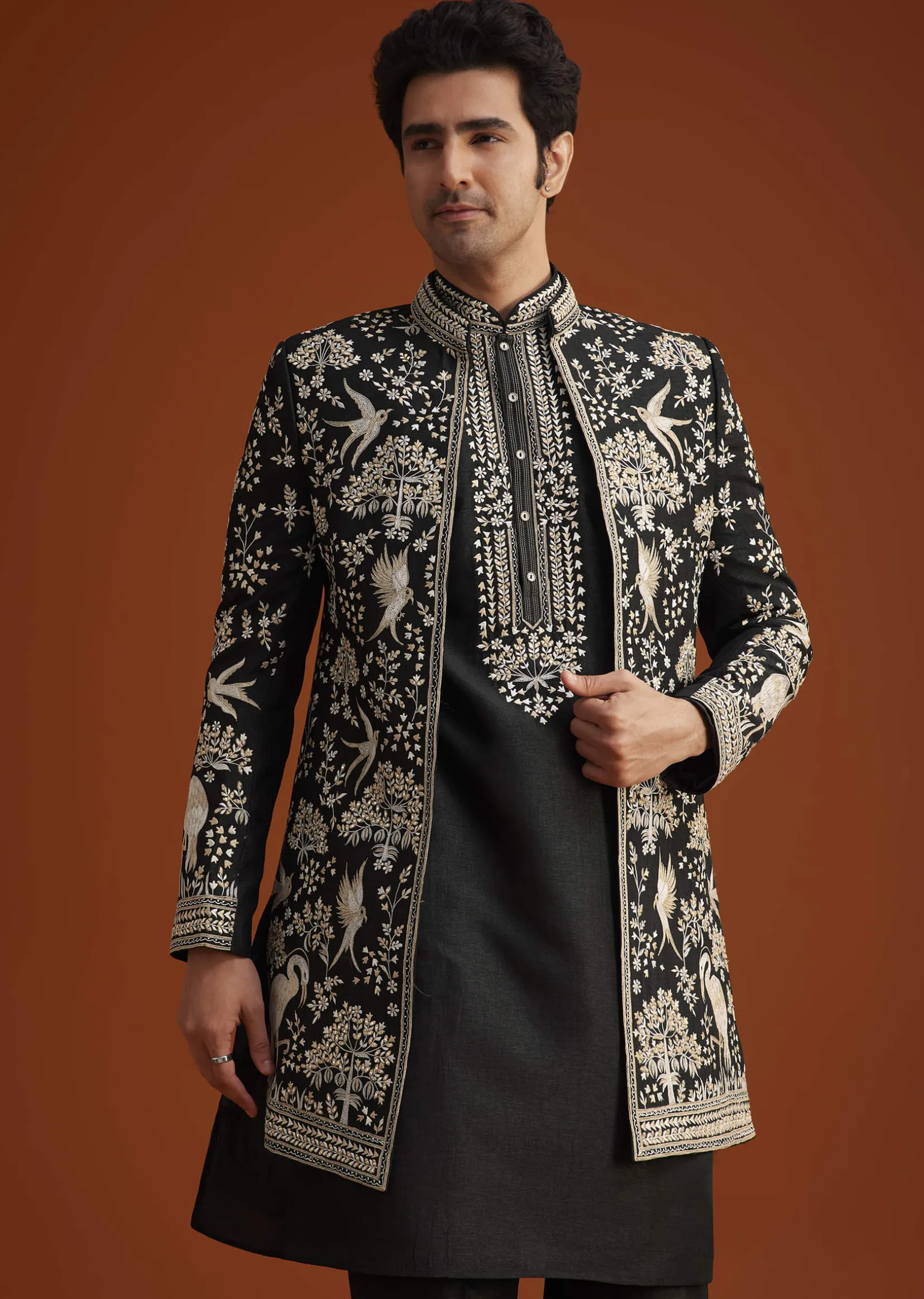 Black Embroidered Indo Western Sherwani Set