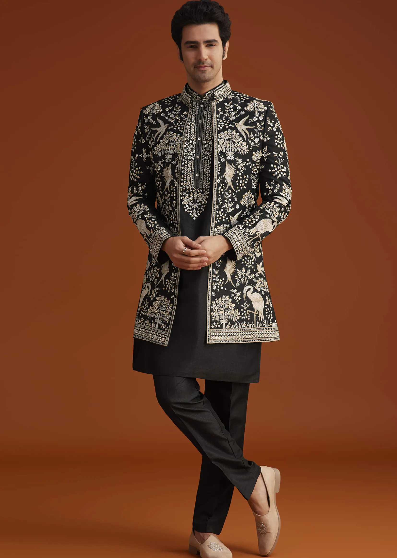 Black Embroidered Indo Western Sherwani Set
