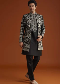 Black Embroidered Indo Western Sherwani Set
