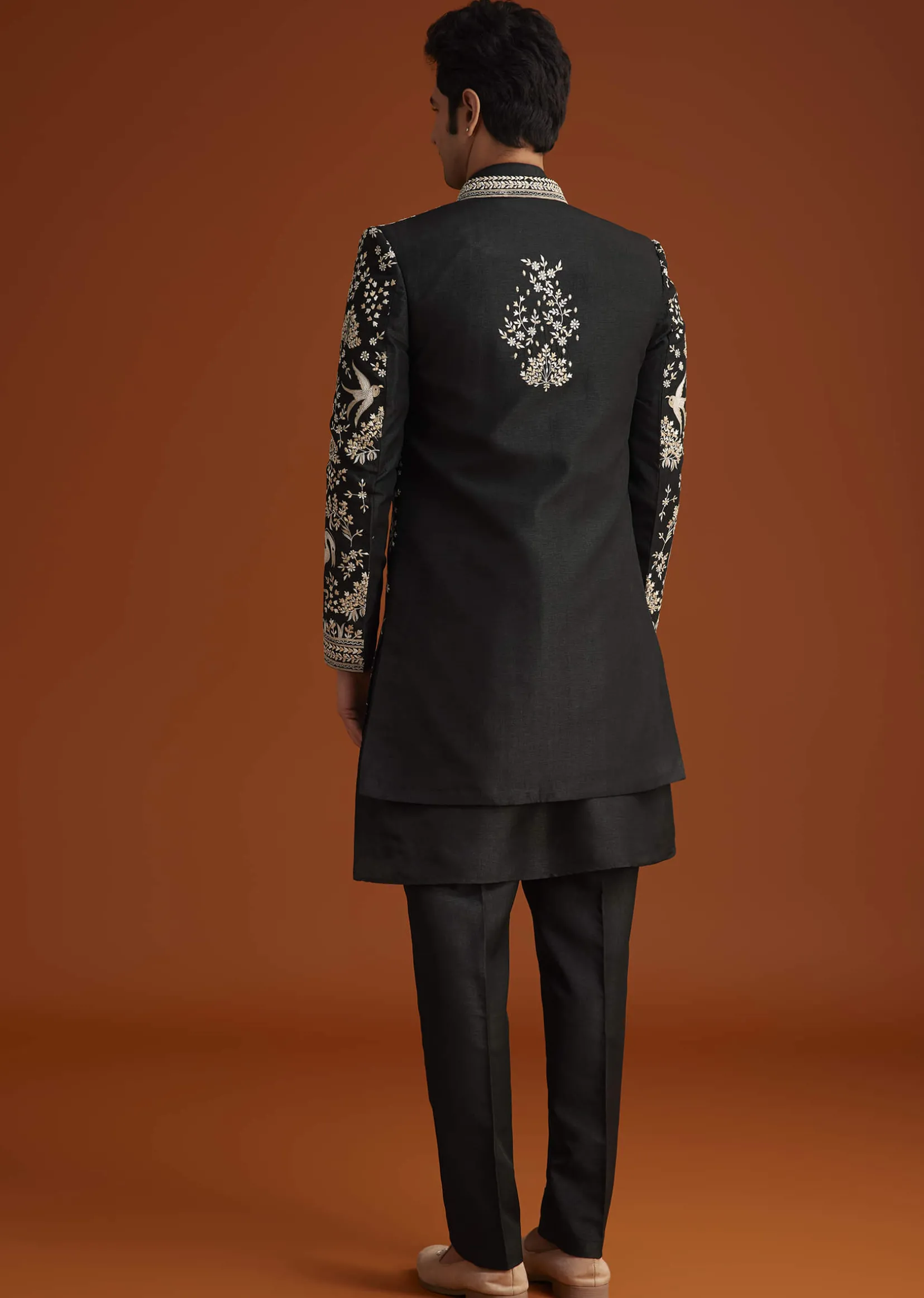 Black Embroidered Indo Western Sherwani Set