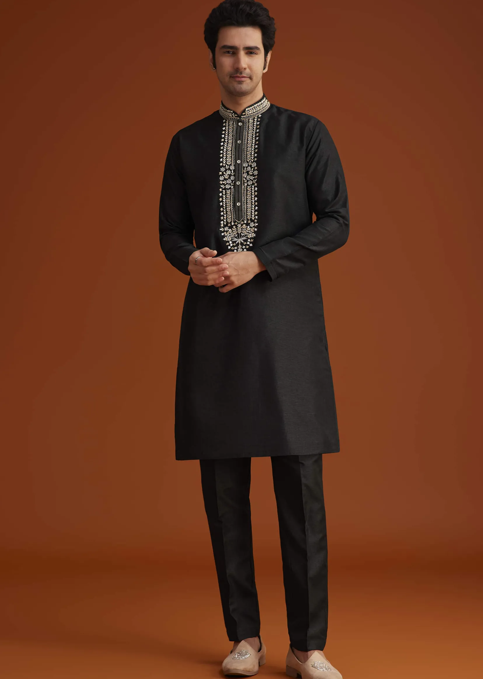 Black Embroidered Indo Western Sherwani Set