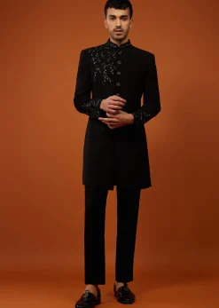 Black Embroidered Indo-Western Sherwani Set In Imported Suiting Fabric