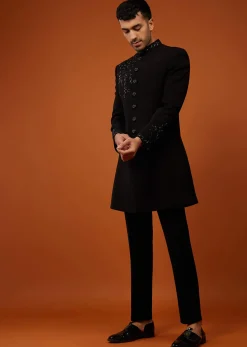 Black Embroidered Indo-Western Sherwani Set In Imported Suiting Fabric